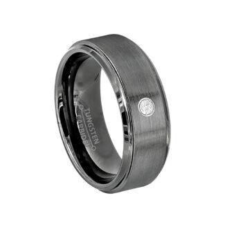 An 8mm Brushed Gunmetal Tungsten Mens Wedding Bands With Diamonds with a single diamond set in a 14kt White Gold Bezel.