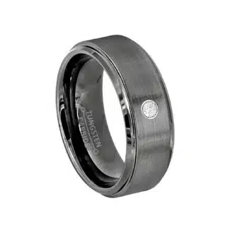 An 8mm Brushed Gunmetal Tungsten Mens Wedding Bands With Diamonds with a single diamond set in a 14kt White Gold Bezel.