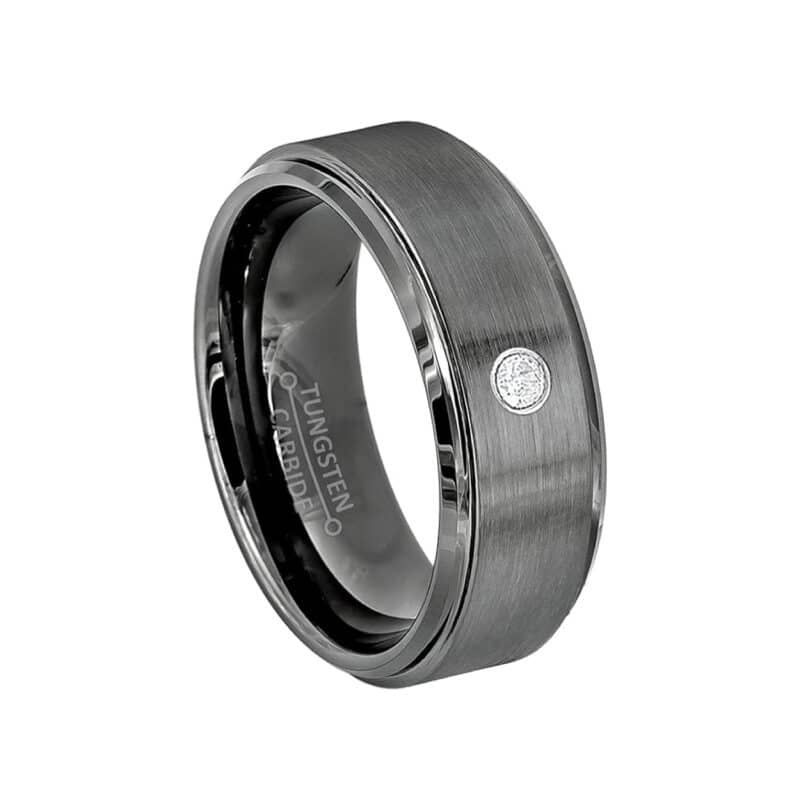 An 8mm Brushed Gunmetal Tungsten Mens Wedding Bands With Diamonds with a single diamond set in a 14kt White Gold Bezel.