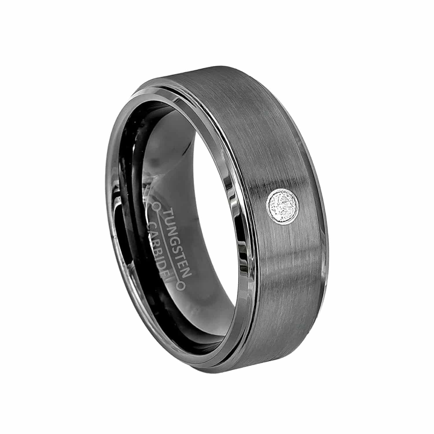 An 8mm Brushed Gunmetal Tungsten Mens Wedding Bands With Diamonds with a single diamond set in a 14kt White Gold Bezel.