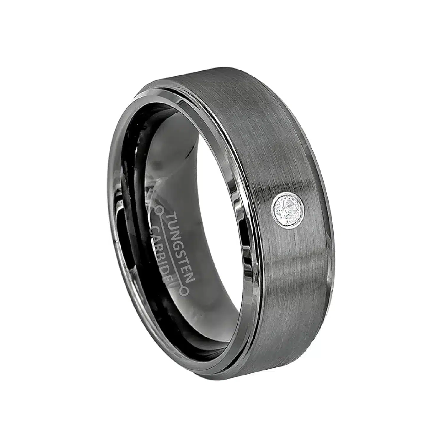 Bezel-Set-Tungsten-Mens-Wedding-Bands-With-Diamonds-8mm An 8mm Brushed Gunmetal Tungsten Mens Wedding Bands With Diamonds with a single diamond set in a 14kt White Gold Bezel.