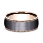 A Satin Black Titanium and 14K Yellow Gold Coin Edge Mens Black Rose Gold Wedding Band Style (8.00mm) with a brushed black center and milled gold edges.