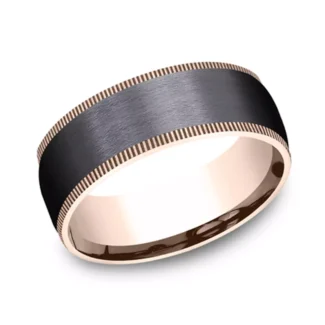 A Satin Black Titanium and 14K Yellow Gold Coin Edge Mens Black Rose Gold Wedding Band Style (8.00mm) with a brushed black center and milled gold edges.