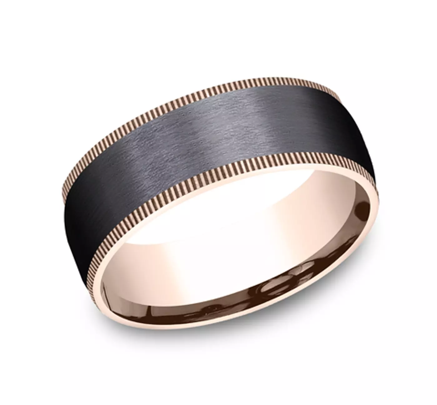 A Satin Black Titanium and 14K Yellow Gold Coin Edge Mens Black Rose Gold Wedding Band Style (8.00mm) with a brushed black center and milled gold edges.