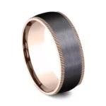 A Satin Black Titanium and 14K Yellow Gold Coin Edge Mens Black Rose Gold Wedding Band Style (8.00mm) with a brushed black center and milled gold edges.