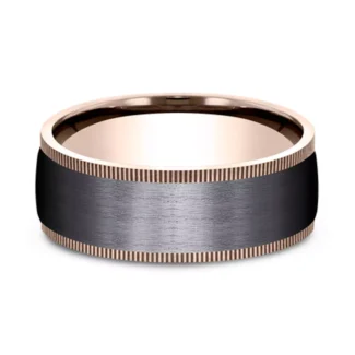A Satin Black Titanium and 14K Yellow Gold Coin Edge Mens Black Rose Gold Wedding Band Style (8.00mm) with a brushed black center and milled gold edges.