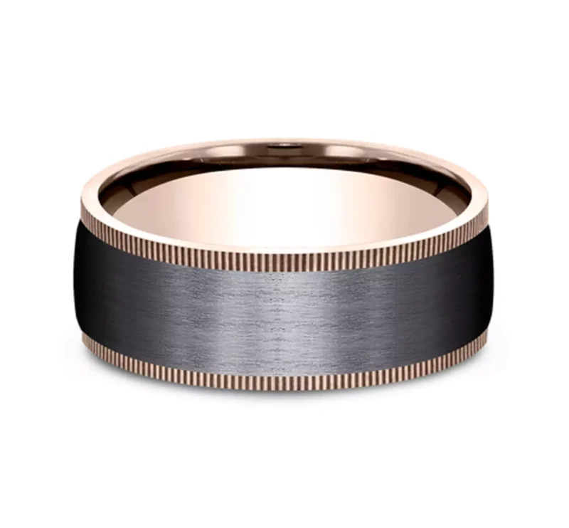 A Satin Black Titanium and 14K Yellow Gold Coin Edge Mens Black Rose Gold Wedding Band Style (8.00mm) with a brushed black center and milled gold edges.