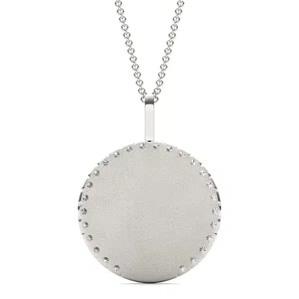 Bold Virgo Zodiac Pendant back side A Bold Virgo Zodiac Medallion Pendant from Charles & Colvard with 3/4 CTW Lab-Grown Diamonds in 14K White Gold, a personalized and striking choice among Luxury Push Present Ideas.