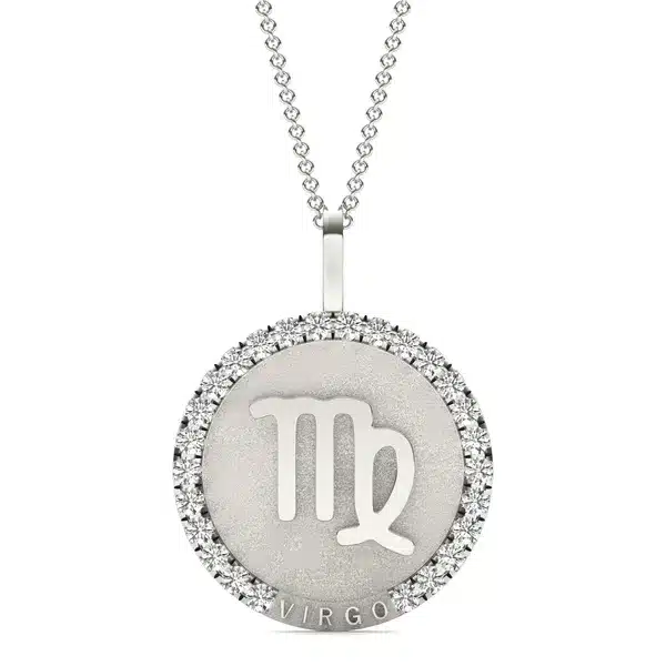 A Bold Virgo Zodiac Medallion Pendant from Charles & Colvard with 3/4 CTW Lab-Grown Diamonds in 14K White Gold, a personalized and striking choice among Luxury Push Present Ideas.