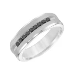 A Black Diamond Mens Wedding Band (7.00mm) with a brushed 14K White Gold finish, featuring 9 channel-set black diamonds (0.25 CTW min).