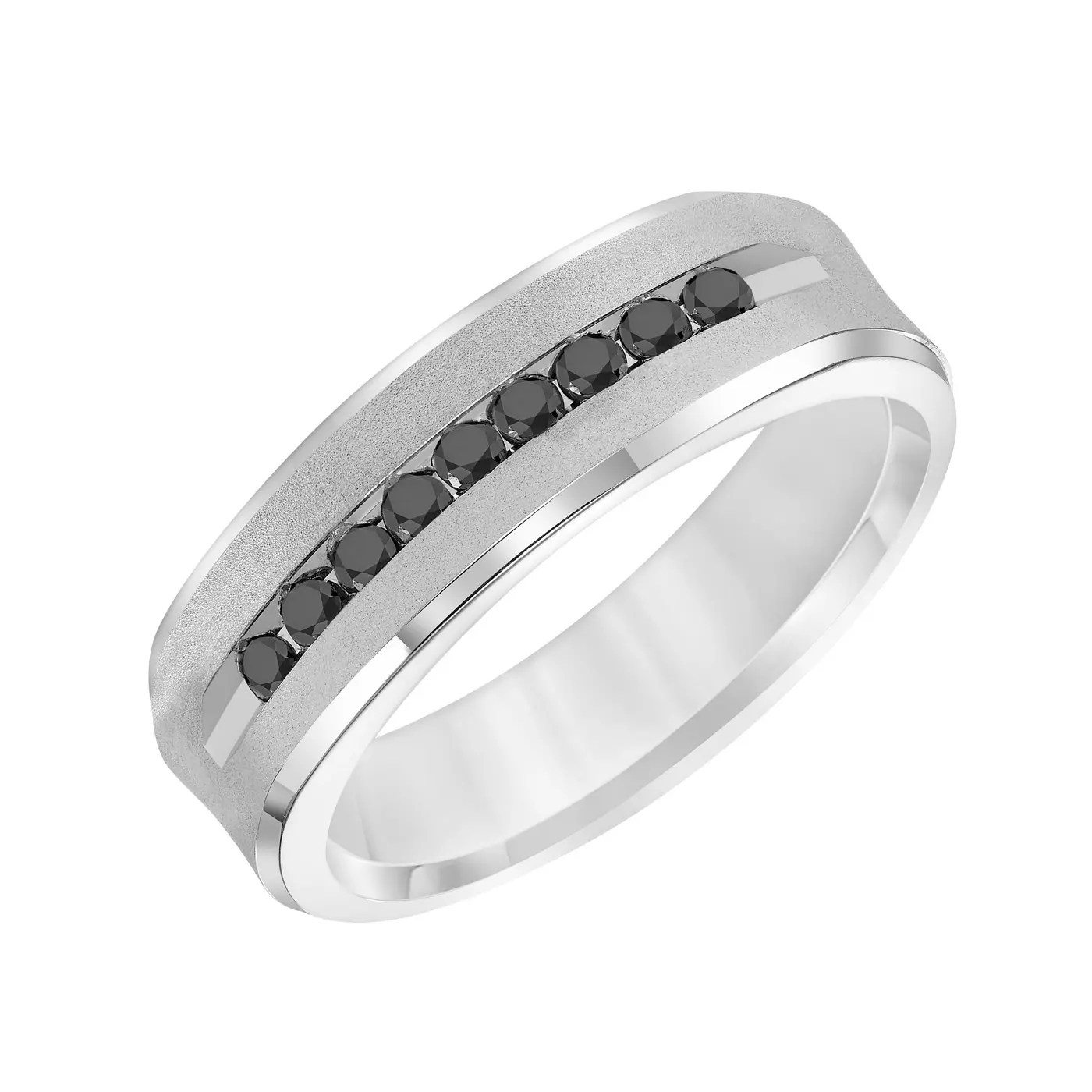 A Black Diamond Mens Wedding Band (7.00mm) with a brushed 14K White Gold finish, featuring 9 channel-set black diamonds (0.25 CTW min).