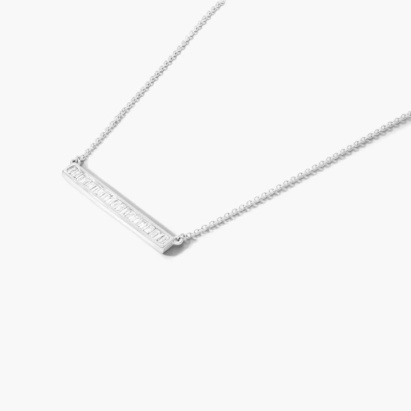 A Channel Set Bar Diamond Necklace with Baguette Cut Diamonds (1/2 CTW) in 14K White Gold, a modern suggestion among Luxury Push Present Ideas and push present necklace for mom gifts.