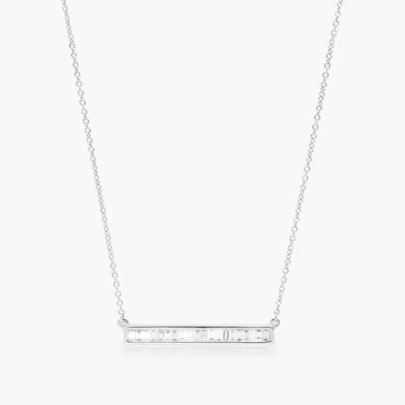A Channel Set Bar Diamond Necklace with Baguette Cut Diamonds (1/2 CTW) in 14K White Gold, a modern suggestion among Luxury Push Present Ideas and push present necklace for mom gifts.