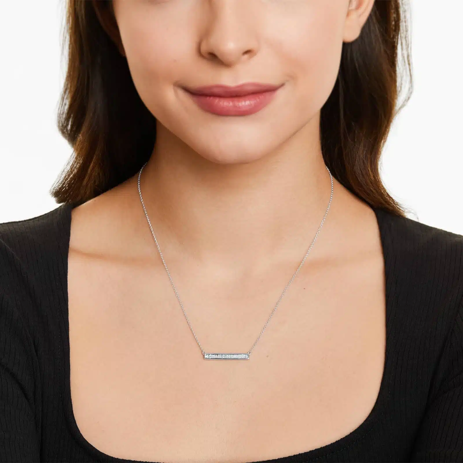 A Channel Set Bar Diamond Necklace with Baguette Cut Diamonds (1/2 CTW) in 14K White Gold, a modern suggestion among Luxury Push Present Ideas and push present necklace for mom gifts.