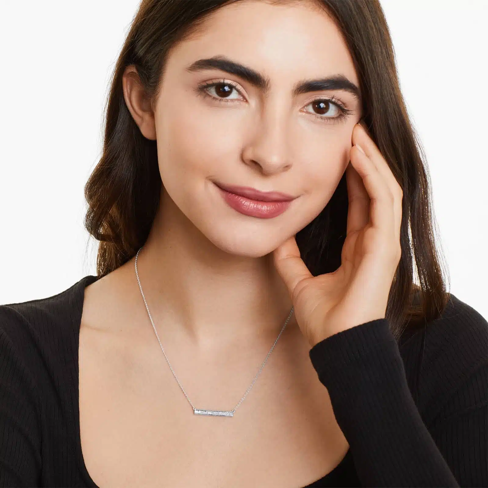 A Channel Set Bar Diamond Necklace with Baguette Cut Diamonds (1/2 CTW) in 14K White Gold, a modern suggestion among Luxury Push Present Ideas and push present necklace for mom gifts.