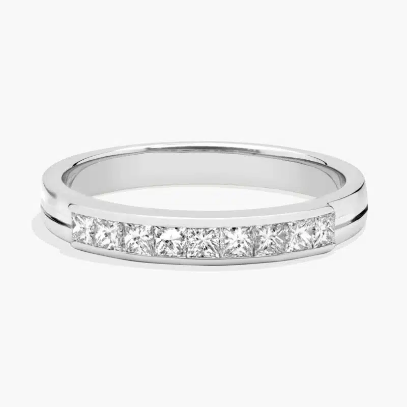 A Channel Set Princess Cut Mens Diamond Wedding Band Rings in Platinum (4.50mm) with 0.62 CTW H/SI1 diamonds.