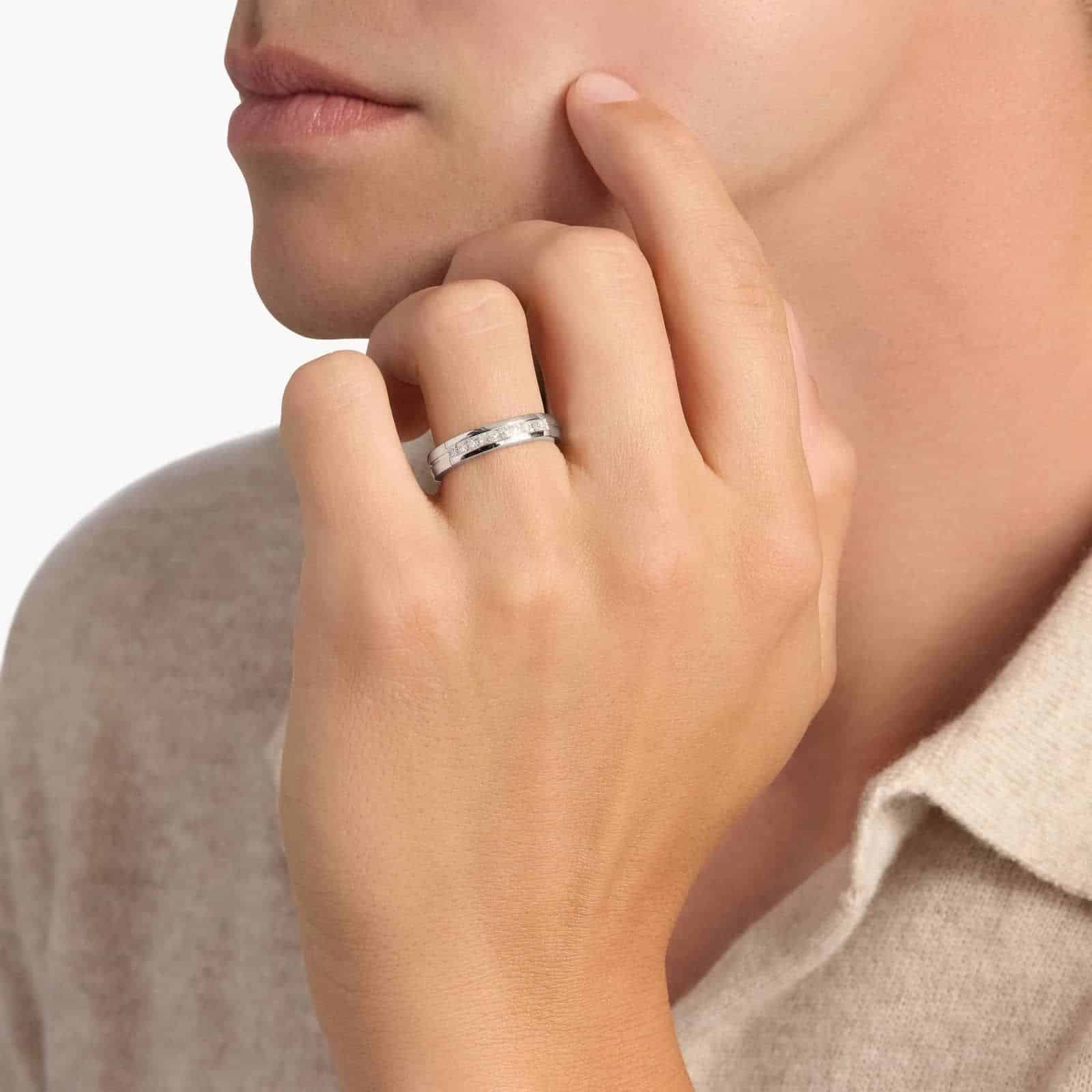 Channel Set Princess Cut Mens Diamond Wedding Band Rings Platinum model view 2 A Channel Set Princess Cut Mens Diamond Wedding Band Rings in Platinum (4.50mm) with 0.62 CTW H/SI1 diamonds model view.