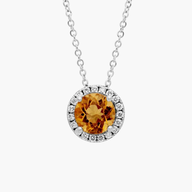 A Citrine and Diamond Halo Pendant in 14K White Gold, featuring a 1.2 CTW citrine, a classic suggestion among Luxury Push Present Ideas.