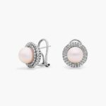 A pair of Classic Akoya Cultured Pearl Double Halo Diamond Earrings, 1.01 CTW set in 18K White Gold with Omega Clip backings.