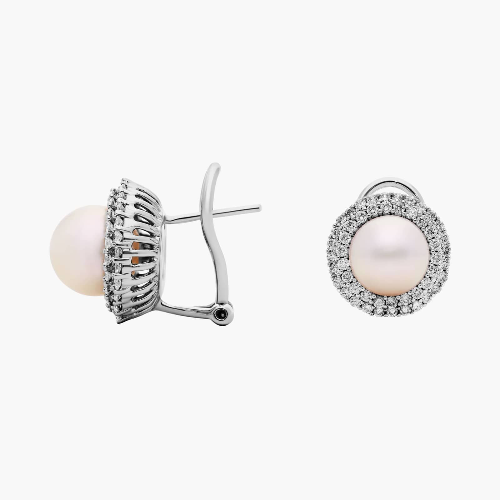 A pair of Classic Akoya Cultured Pearl Double Halo Diamond Earrings, 1.01 CTW set in 18K White Gold with Omega Clip backings.