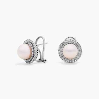 A pair of Classic Akoya Cultured Pearl Double Halo Diamond Earrings, 1.01 CTW set in 18K White Gold with Omega Clip backings.
