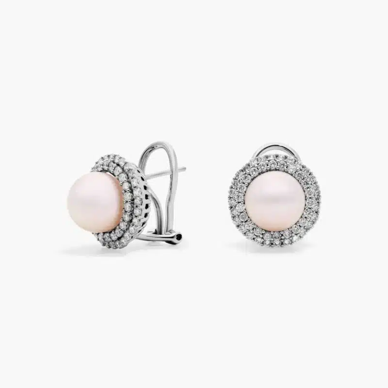 A pair of Classic Akoya Cultured Pearl Double Halo Diamond Earrings, 1.01 CTW set in 18K White Gold with Omega Clip backings.