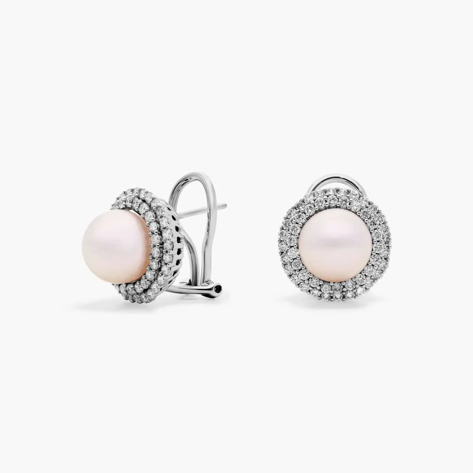 A pair of Classic Akoya Cultured Pearl Double Halo Diamond Earrings, 1.01 CTW set in 18K White Gold with Omega Clip backings.