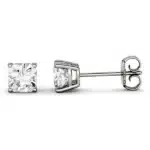 A pair of Cushion Four-Prong Basket Stud Earrings with 1 CTW DEW Colorless Moissanite in 14K White Gold, an elegant choice among Luxury Push Present Ideas and diamond earrings push present styles.