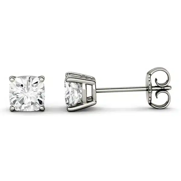 A pair of Cushion Four-Prong Basket Stud Earrings with 1 CTW DEW Colorless Moissanite in 14K White Gold, an elegant choice among Luxury Push Present Ideas and diamond earrings push present styles.