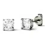 A pair of Cushion Four-Prong Basket Stud Earrings with 1 CTW DEW Colorless Moissanite in 14K White Gold, an elegant choice among Luxury Push Present Ideas and diamond earrings push present styles.