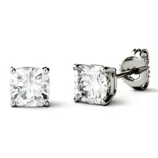 A pair of Cushion Four-Prong Basket Stud Earrings with 1 CTW DEW Colorless Moissanite in 14K White Gold, an elegant choice among Luxury Push Present Ideas and diamond earrings push present styles.