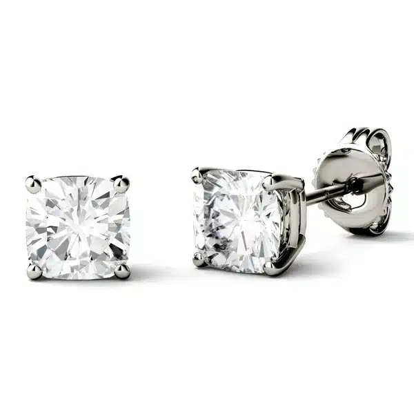 A pair of Cushion Four-Prong Basket Stud Earrings with 1 CTW DEW Colorless Moissanite in 14K White Gold, an elegant choice among Luxury Push Present Ideas and diamond earrings push present styles.