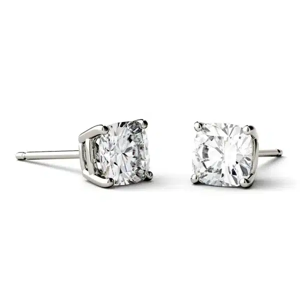 A pair of Cushion Four-Prong Basket Stud Earrings with 1 CTW DEW Colorless Moissanite in 14K White Gold, an elegant choice among Luxury Push Present Ideas and diamond earrings push present styles.