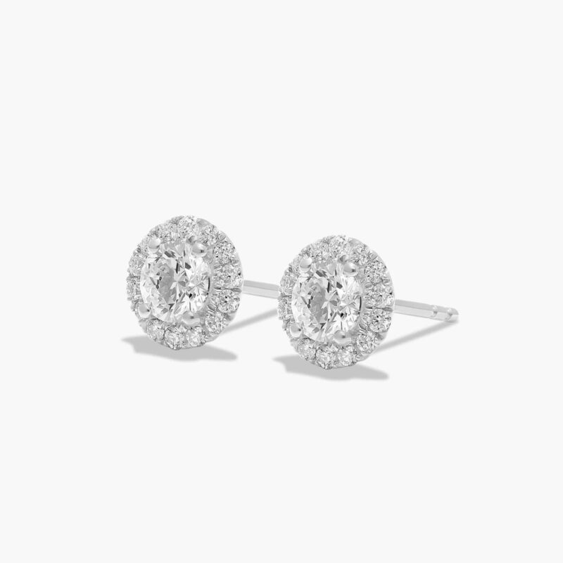 A pair of 1 CTW Halo Diamond Stud Earrings in 14K White Gold with H-I/SI clarity, an excellent choice for Luxury Push Present Ideas and diamond earrings push present gifts.