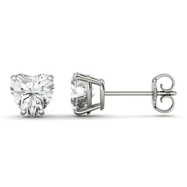 Moissanite Heart Four-Prong Basket Stud 2 A pair of Heart Four-Prong Basket Stud Earrings featuring 2 CTW DEW Moissanite in 14K White Gold, a brilliant alternative for Luxury Push Present Ideas and a diamond earrings push present.