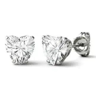 A pair of Heart Four-Prong Basket Stud Earrings featuring 2 CTW DEW Moissanite in 14K White Gold, a brilliant alternative for Luxury Push Present Ideas and a diamond earrings push present.