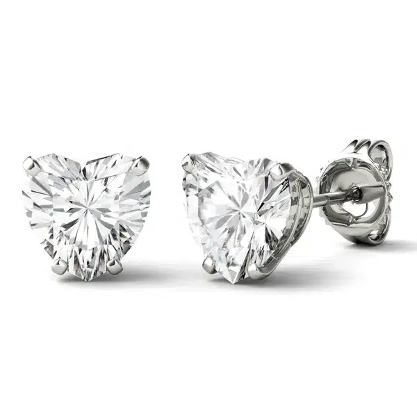 A pair of Heart Four-Prong Basket Stud Earrings featuring 2 CTW DEW Moissanite in 14K White Gold, a brilliant alternative for Luxury Push Present Ideas and a diamond earrings push present.