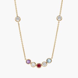 A Personalized Round Cut Three Birthstone Smile Necklace with 1 CTW Lab-Grown Diamonds in 14K Yellow Gold, the most sentimental option among Luxury Push Present Ideas and push present necklace for mom gifts.