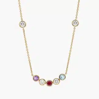 A Personalized Round Cut Three Birthstone Smile Necklace with 1 CTW Lab-Grown Diamonds in 14K Yellow Gold, the most sentimental option among Luxury Push Present Ideas and push present necklace for mom gifts.