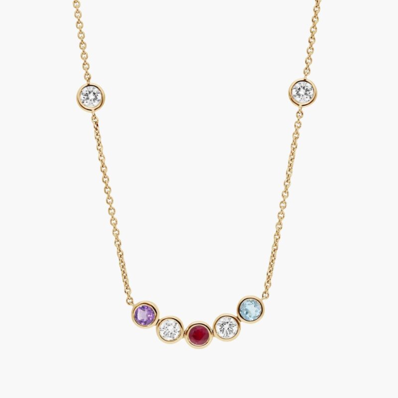 A Personalized Round Cut Three Birthstone Smile Necklace with 1 CTW Lab-Grown Diamonds in 14K Yellow Gold, the most sentimental option among Luxury Push Present Ideas and push present necklace for mom gifts.