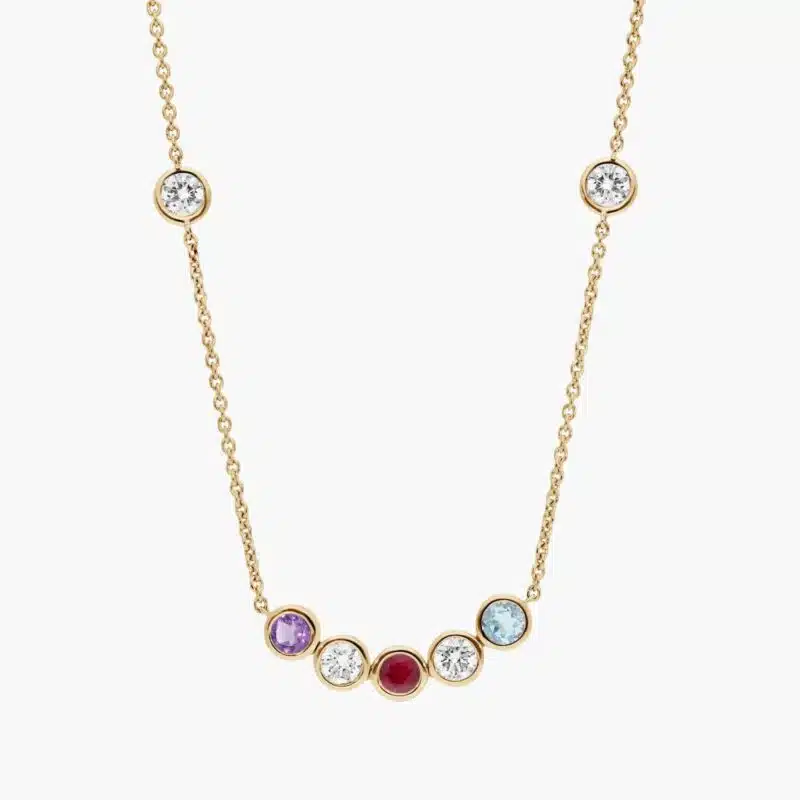 A Personalized Round Cut Three Birthstone Smile Necklace with 1 CTW Lab-Grown Diamonds in 14K Yellow Gold, the most sentimental option among Luxury Push Present Ideas and push present necklace for mom gifts.