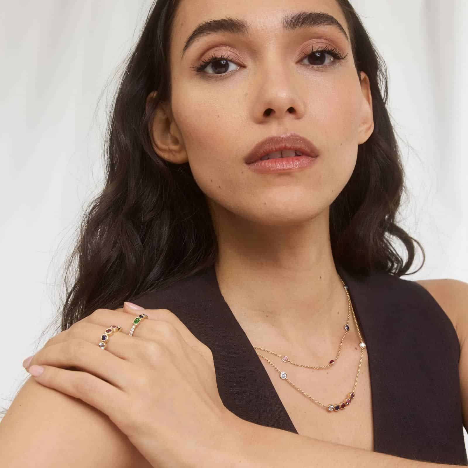 A Personalized Round Cut Three Birthstone Smile Necklace with 1 CTW Lab-Grown Diamonds in 14K Yellow Gold, the most sentimental option among Luxury Push Present Ideas and push present necklace for mom gifts.