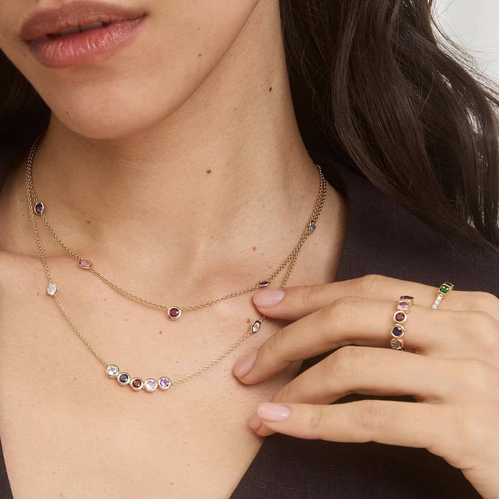 A Personalized Round Cut Three Birthstone Smile Necklace with 1 CTW Lab-Grown Diamonds in 14K Yellow Gold, the most sentimental option among Luxury Push Present Ideas and push present necklace for mom gifts.