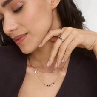 A Personalized Round Cut Three Birthstone Smile Necklace with 1 CTW Lab-Grown Diamonds in 14K Yellow Gold, the most sentimental option among Luxury Push Present Ideas and push present necklace for mom gifts.