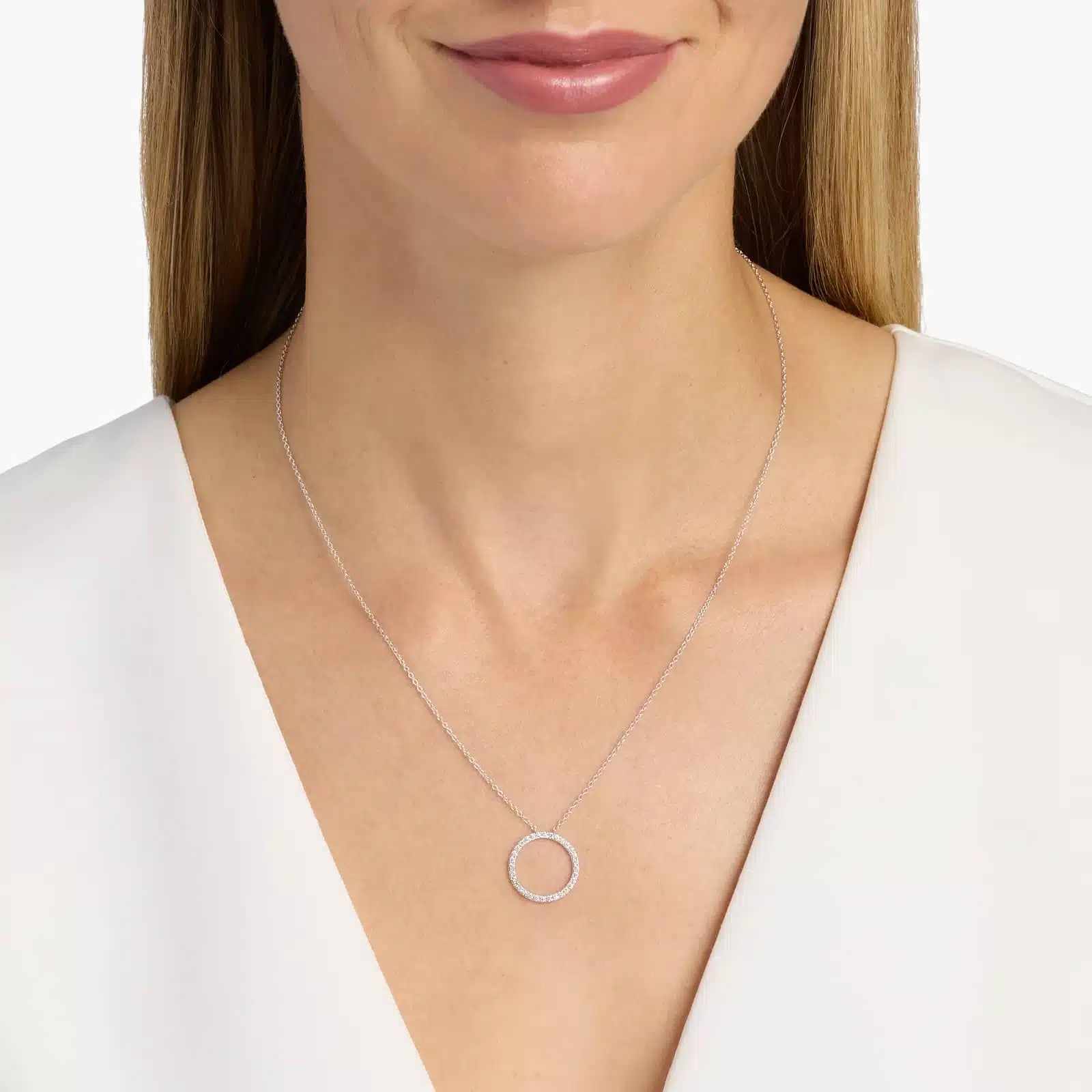 A Riviera Pavé Diamond Circle Necklace in 14K White Gold (3/4 CTW), a beautiful and symbolic item among Luxury Push Present Ideas.