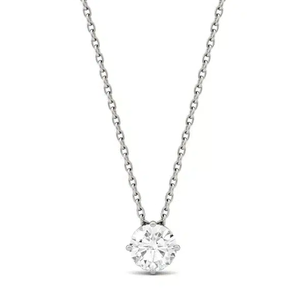 A Round Brilliant Solitaire Pendant with 1/2 CT DEW Colorless Moissanite in 14K White Gold, a classic and elegant option among Luxury Push Present Ideas and push present necklace for mom gifts.