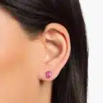 A pair of Emerald Cut Ruby Stud Earrings in 14K White Gold, a classic suggestion among Luxury Push Present Ideas for a new mother.