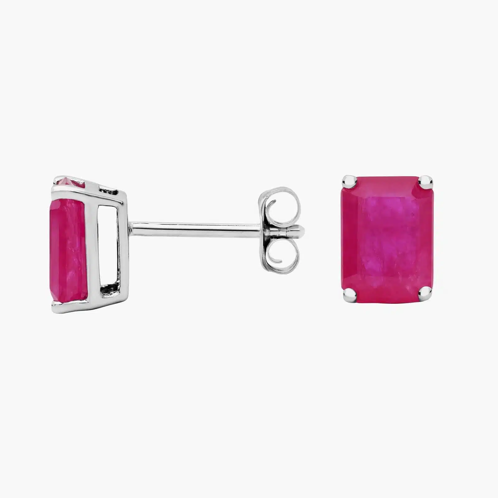 A pair of Emerald Cut Ruby Stud Earrings in 14K White Gold, a classic suggestion among Luxury Push Present Ideas for a new mother.
