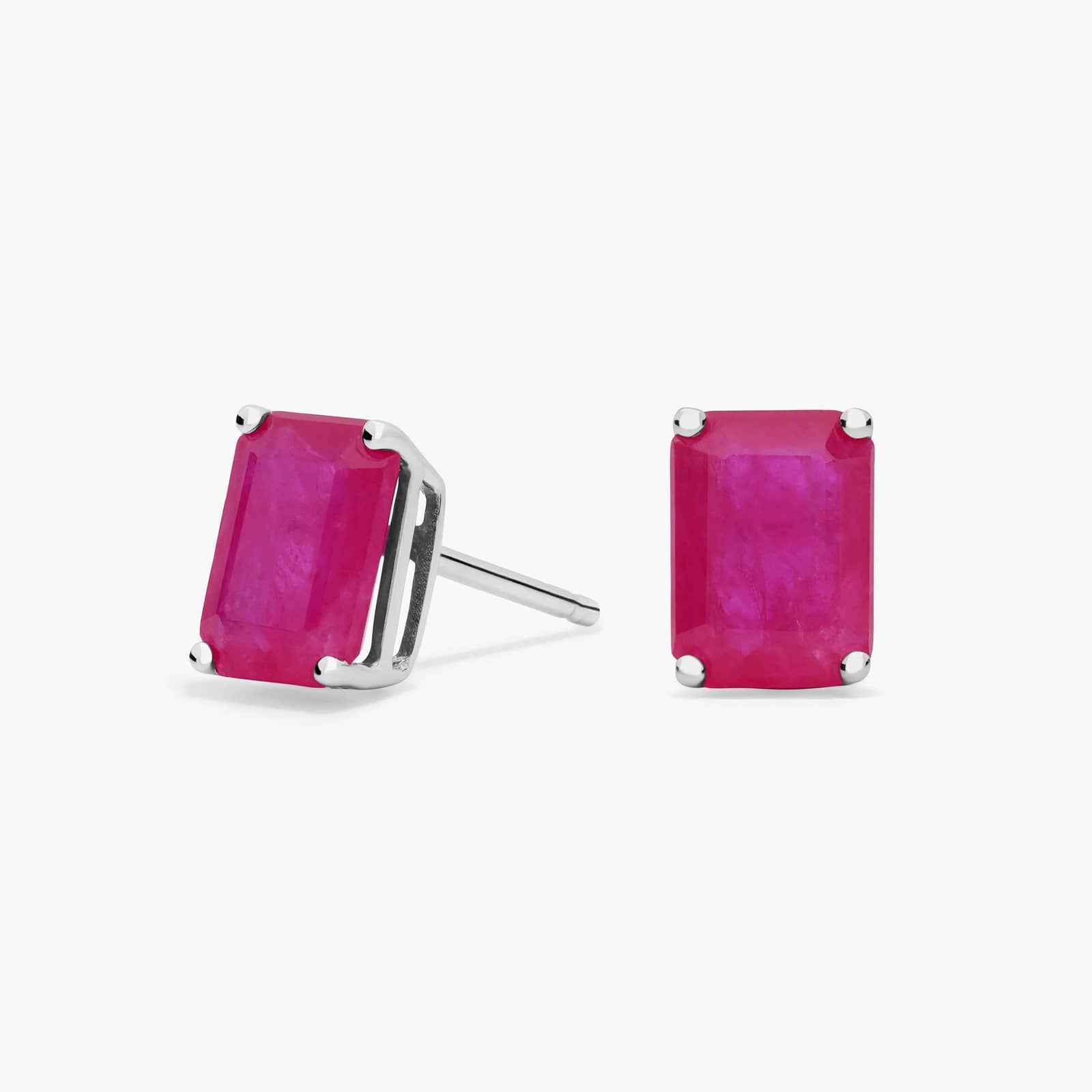 Ruby Stud Earrings- Luxury Push Present Ideas for New Moms A pair of Emerald Cut Ruby Stud Earrings in 14K White Gold, a classic suggestion among Luxury Push Present Ideas for a new mother.