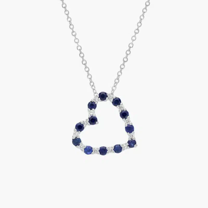 A Luna Sapphire and Diamond Heart Pendant Necklace in 14K White Gold, a thoughtful push present idea from husband and excellent luxury push present ideas gift.